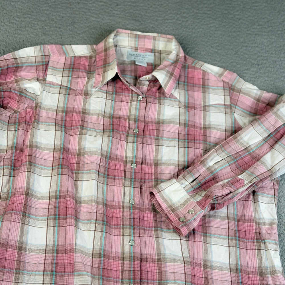 Wrangler Shirt Womens XL Pink Plaid Blues LB1011M Western Snap Front Cotton